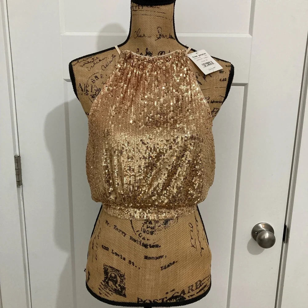 NWT Free People Dazzle the Night Gold Sequin Halter Top - Picture 5 of 9